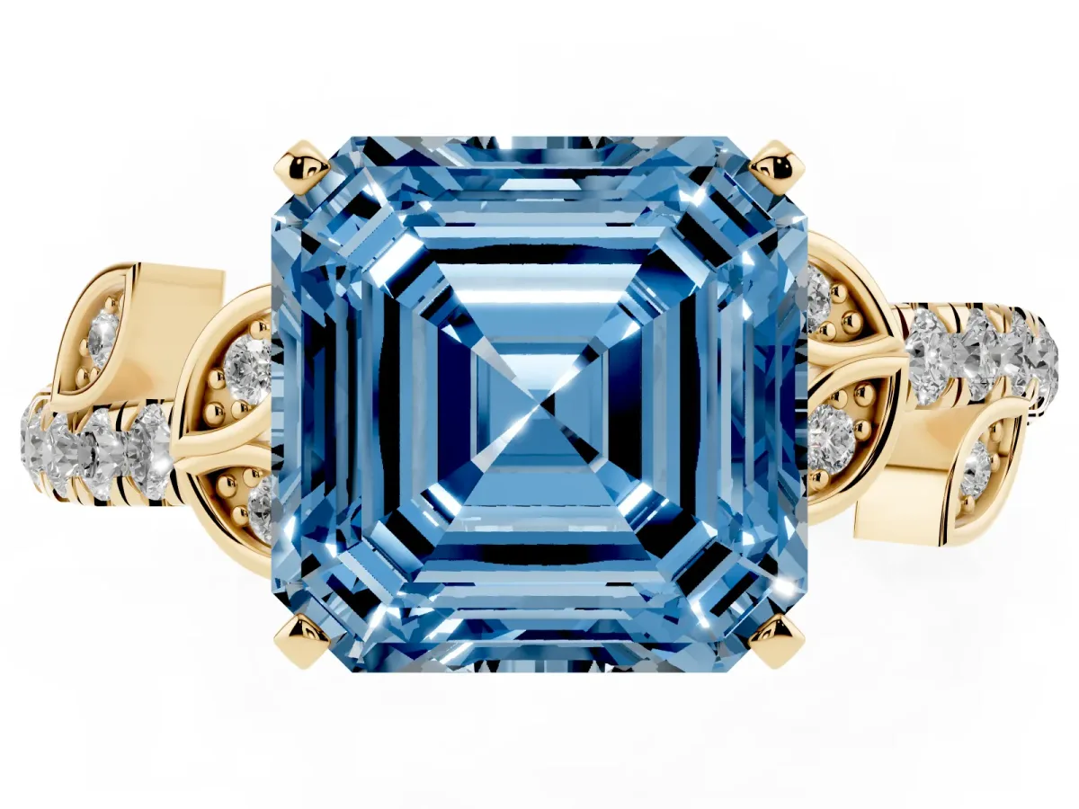 Fancy Blue Asscher Cut Solitaire Leaf-Inspired Diamond Ring with Pavé Band and Four-Prong Setting Yellow gold