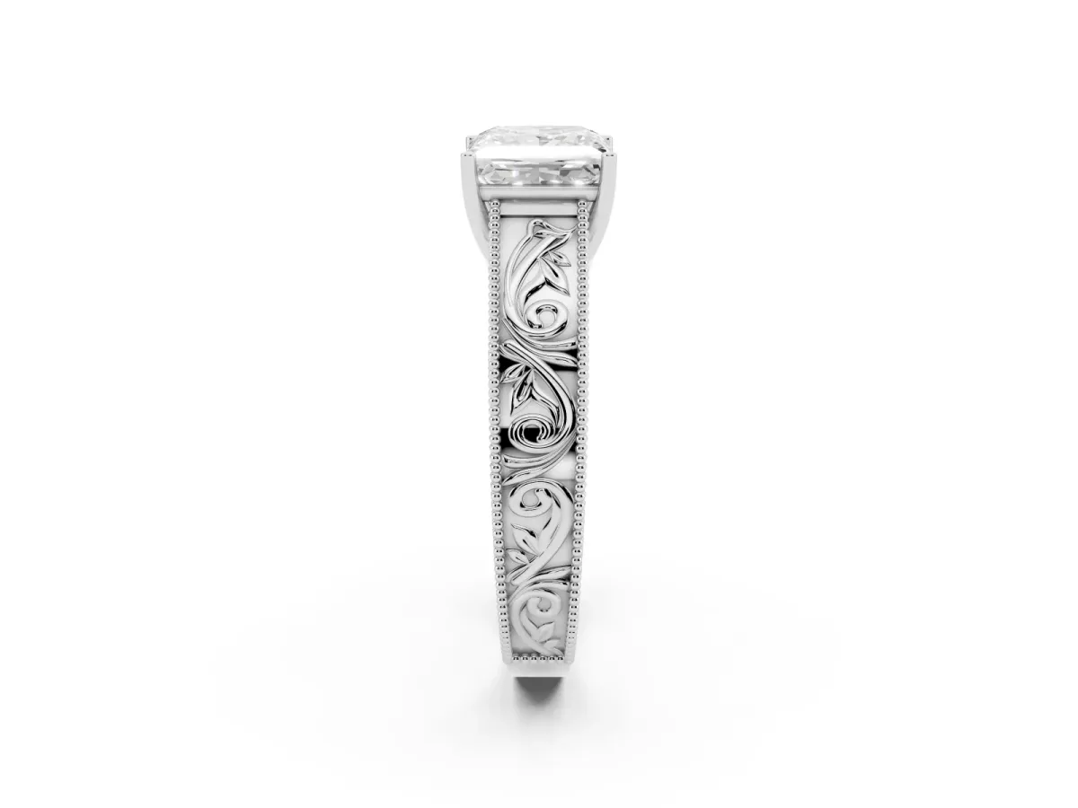 Princess Cut Diamond Solitaire Ring with Engraved Band and Four-Prong Setting White gold