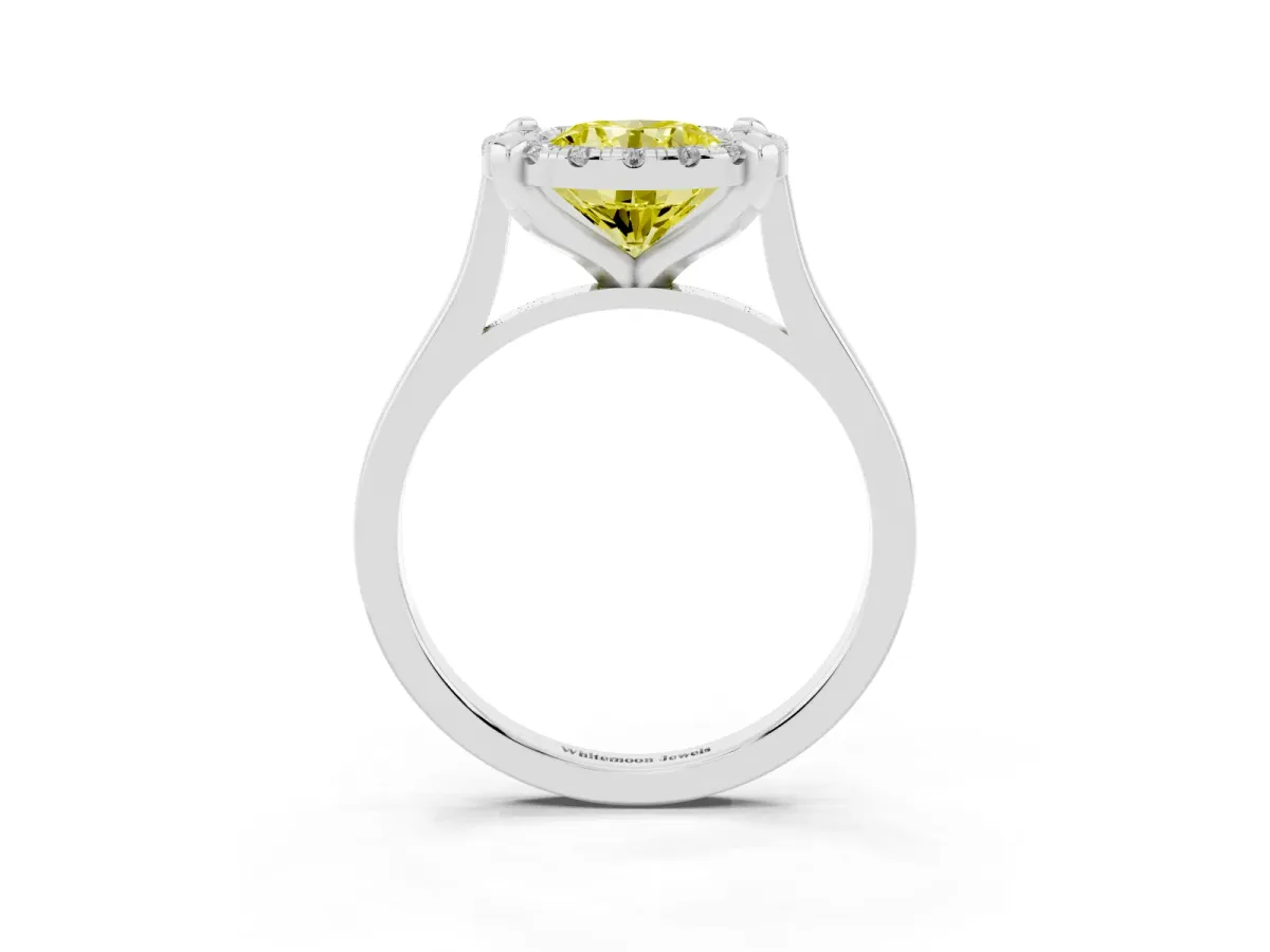 Fancy Yellow Round Cut Diamond Cluster Halo Solitaire with Four-Prong Setting Platinum