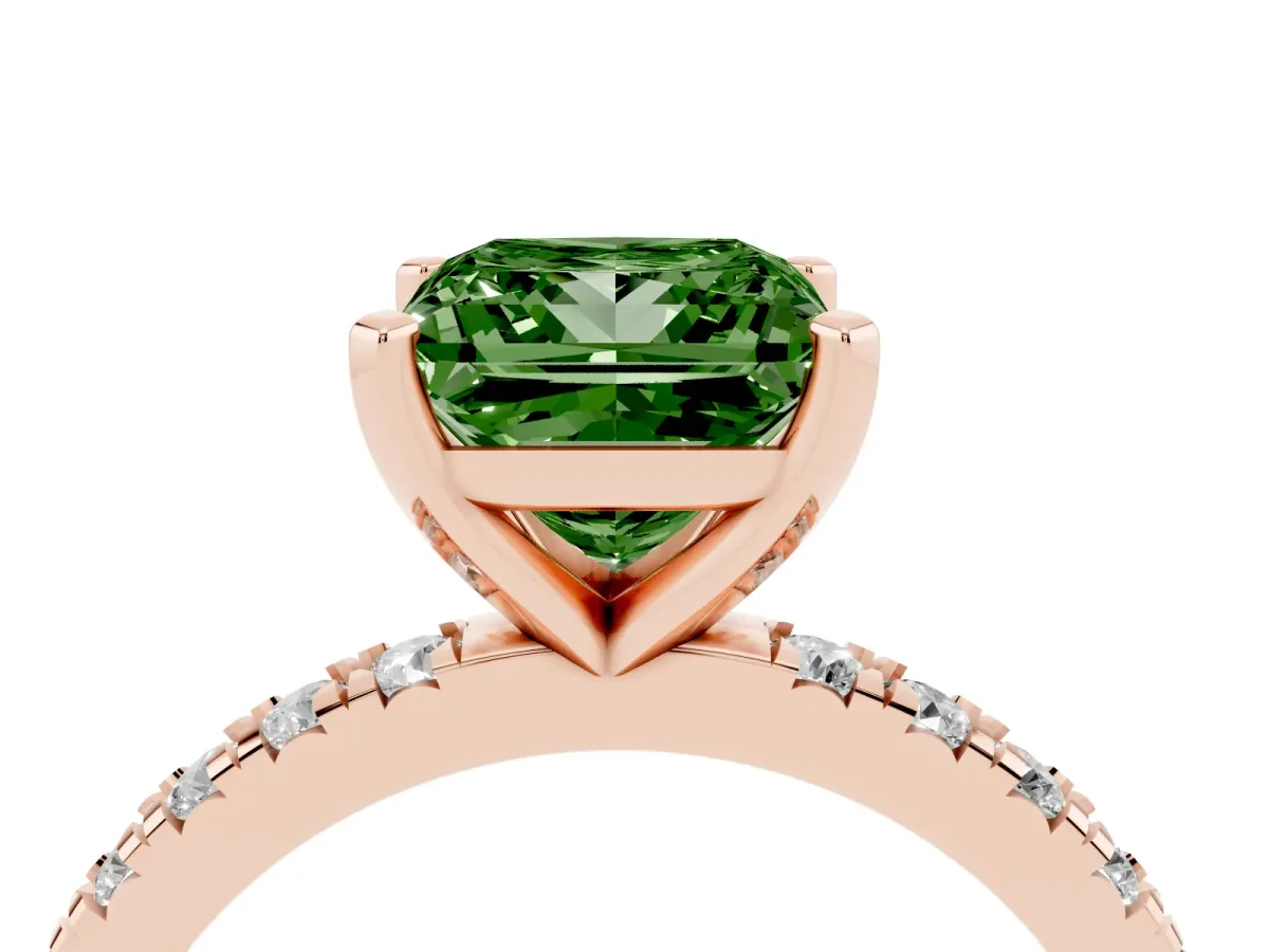 Fancy Green Princess Cut Diamond Pavé Band Solitaire with Four-Prong Setting Rose gold