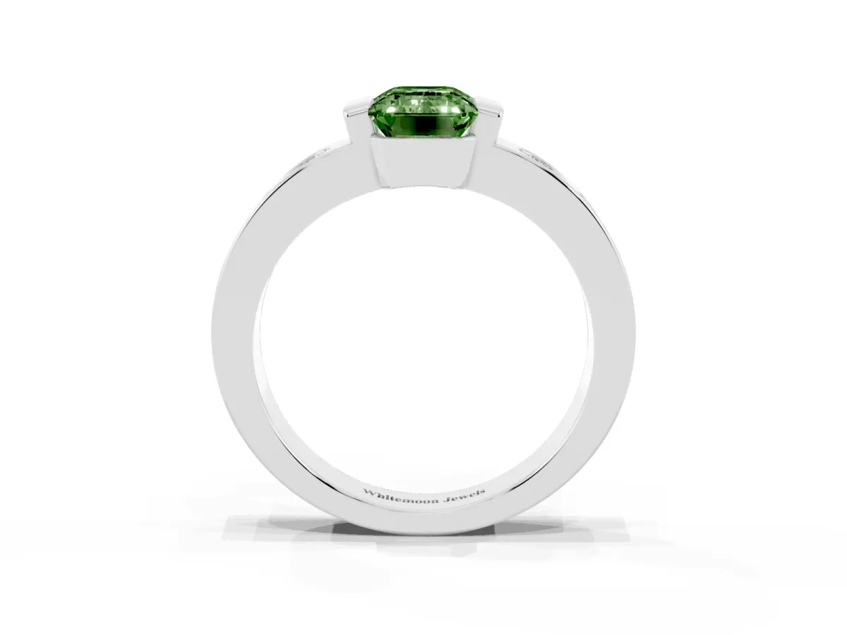 Fancy Green Emerald Cut Brilliant Channel-Set Diamond Ring with Bezel Prong Setting Platinum
