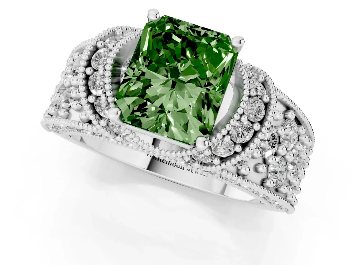 Fancy Green Radiant Cut Halo Pave Diamond Engagement Ring with Milgrain Detailing White gold