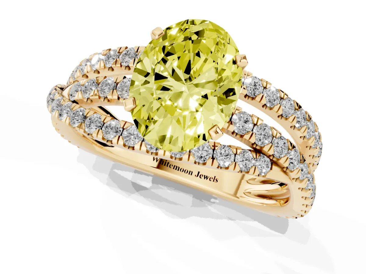 Fancy Yellow Oval Cut Solitaire Twist Band with Pavé Setting and Four-Prong Setting Yellow gold