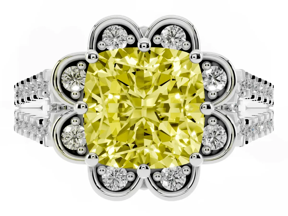 Fancy Yellow Cushion Cut Halo Diamond Floral Split Shank Engagement Ring Silver