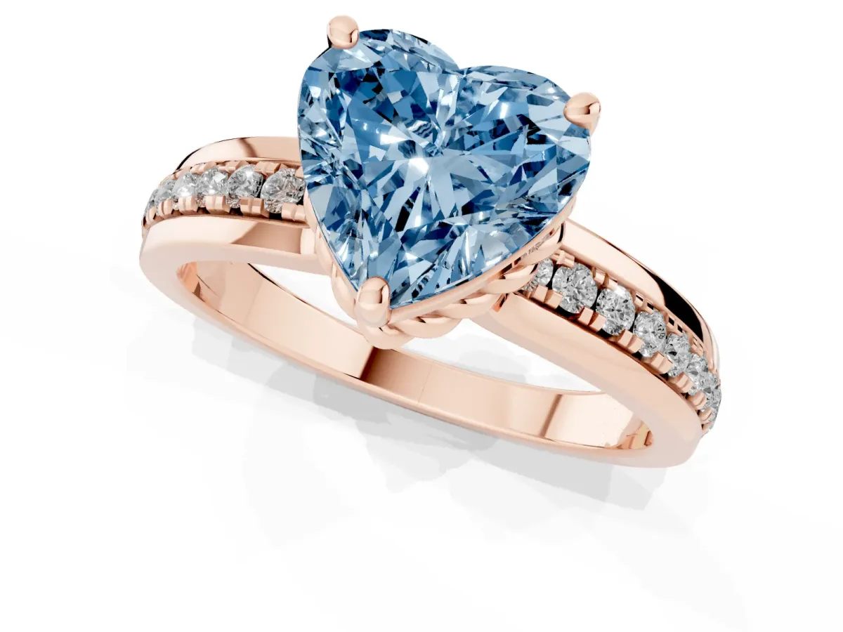 Fancy Blue Heart Cut Solitaire Diamond Ring with Channel Set Band and Six-Prong Setting Rose gold