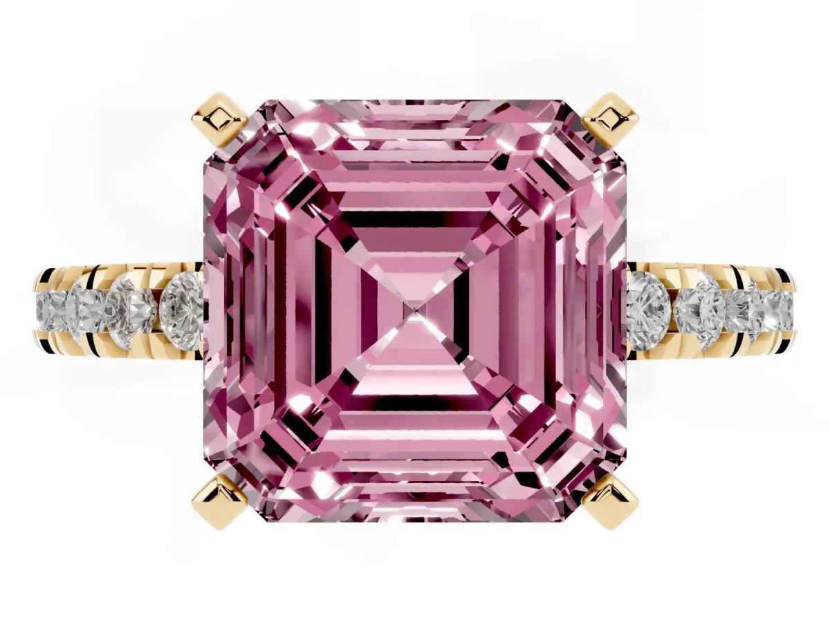 Fancy Pink Asscher Cut Diamond Pavé Band Solitaire with Four-Prong Setting Yellow gold