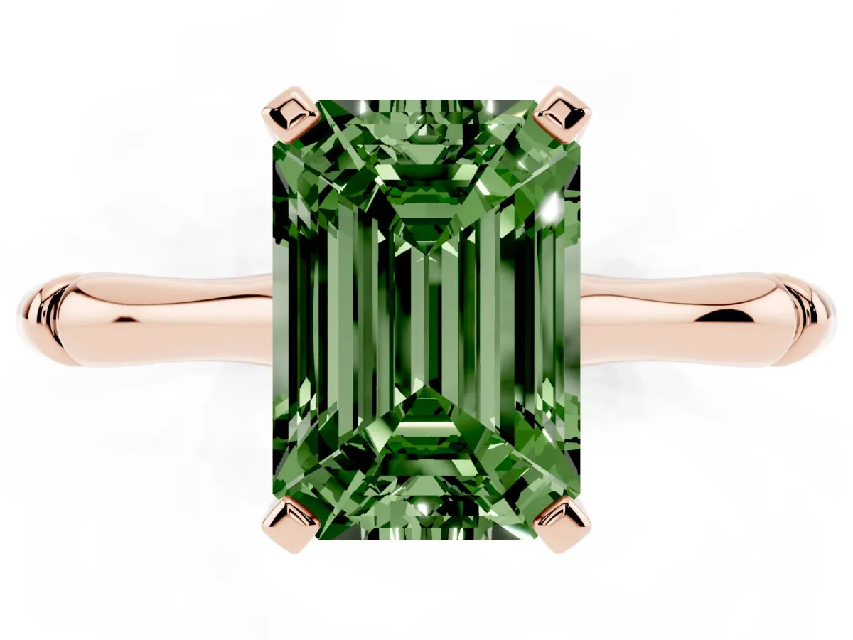 Fancy Green Emerald Cut Solitaire Diamond Ring with Bamboo Band and Four-Prong Setting Rose gold