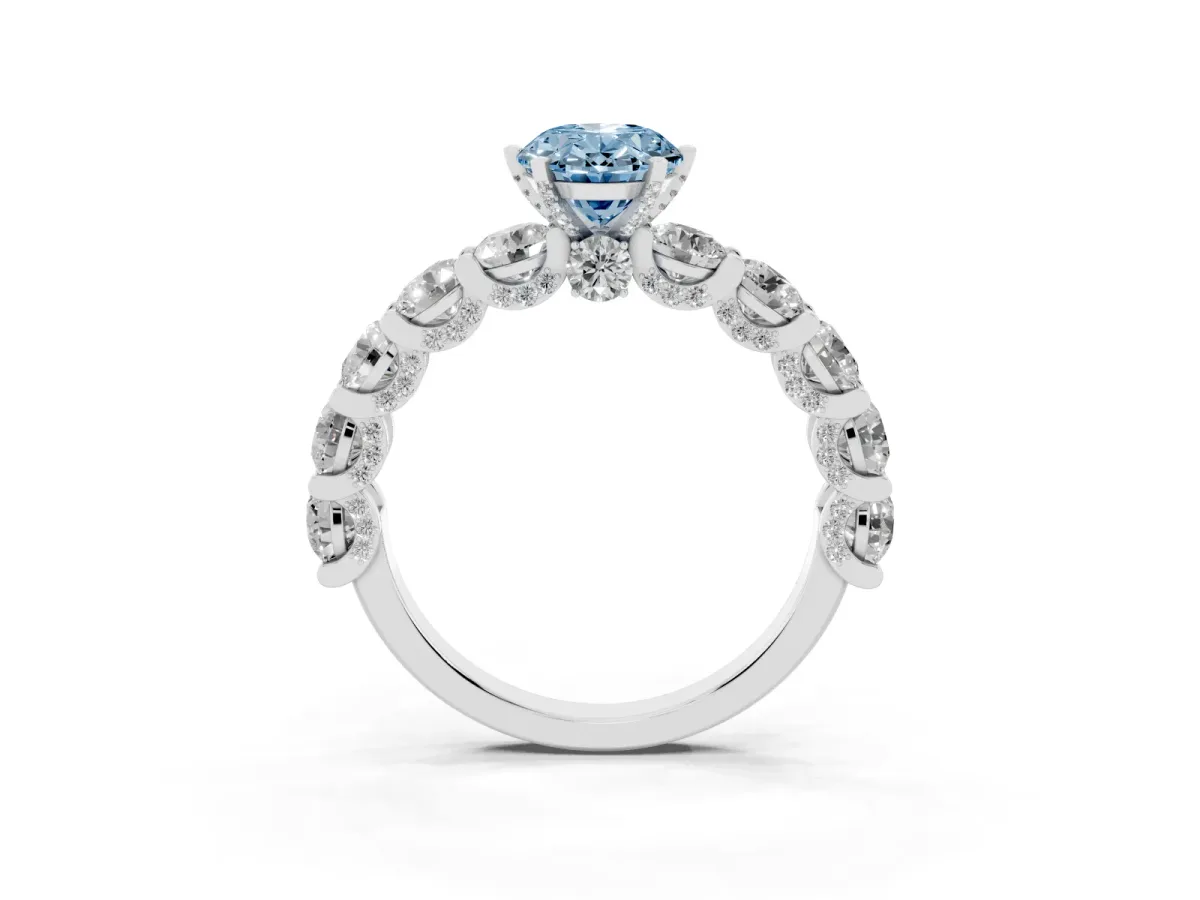 Fancy Blue Oval Cut Diamond Side Stone Engagement Ring with Four-Prong Setting Platinum