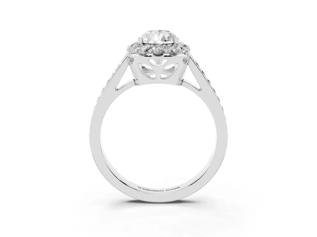 Pear Cut Diamond Floral Halo Ring with Pavé Band and Prong Setting Platinum