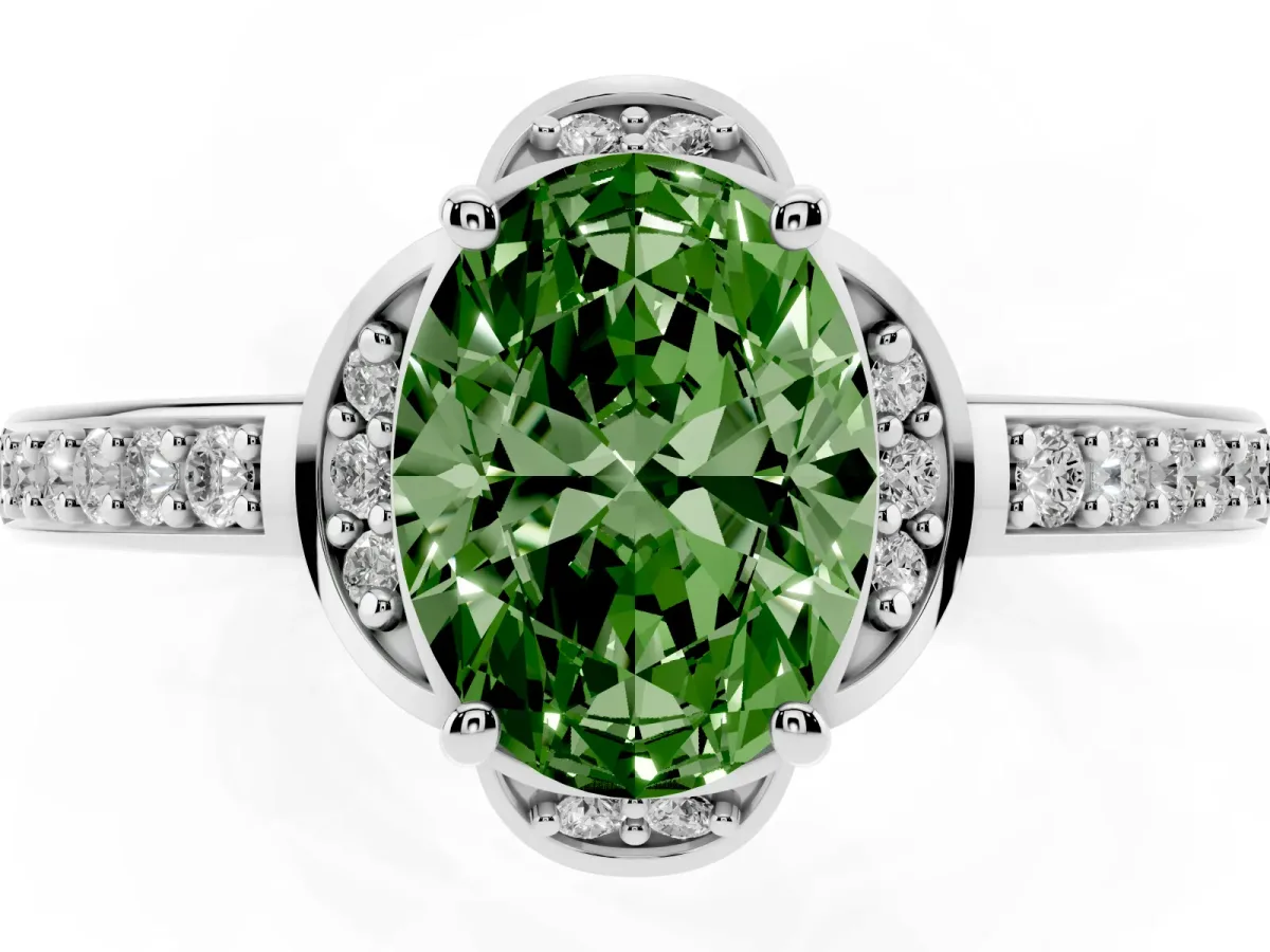 Fancy Green Oval Cut Cut Halo Diamond Ring with Channel Set Band and Four-Prong Setting White gold
