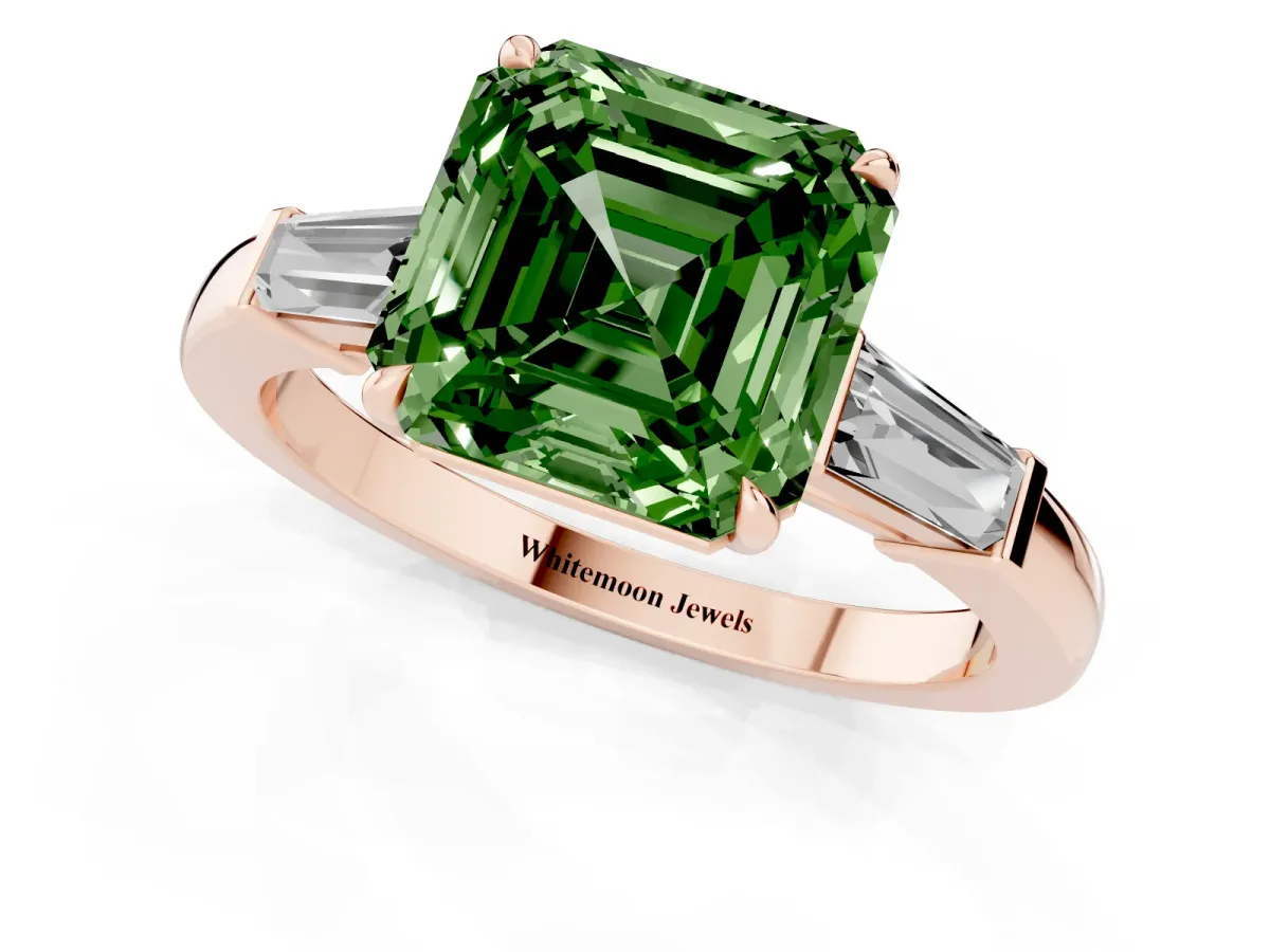Fancy Green Asscher Cut Diamond Three-Stone Ring with Tapered Baguette Side Stones and Prong Setting Rose gold