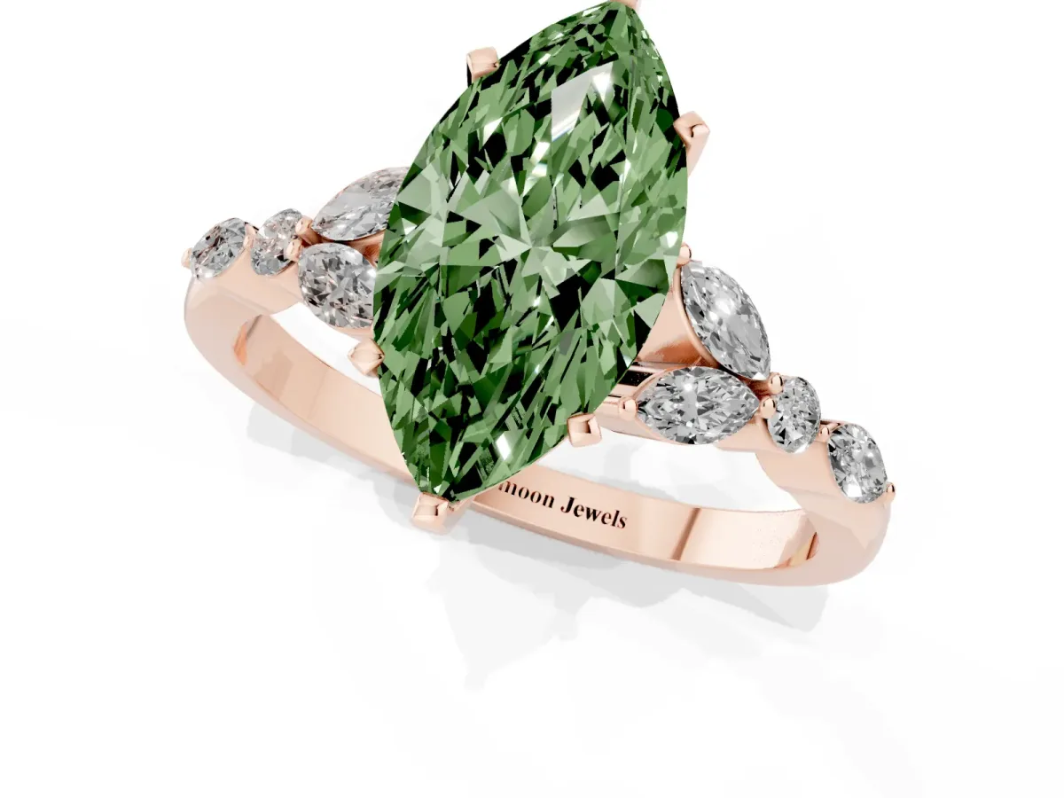 Fancy Green Marquise Cut Diamond Solitaire Ring with Side Stones and Four-Prong Setting Rose gold