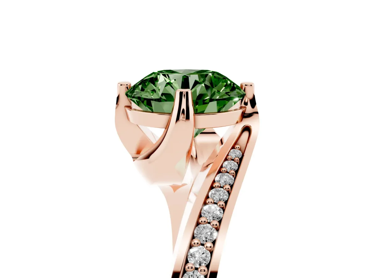Fancy Green Round Cut Solitaire Diamond Twist Band with Pavé Setting and Four-Prong Setting Rose gold
