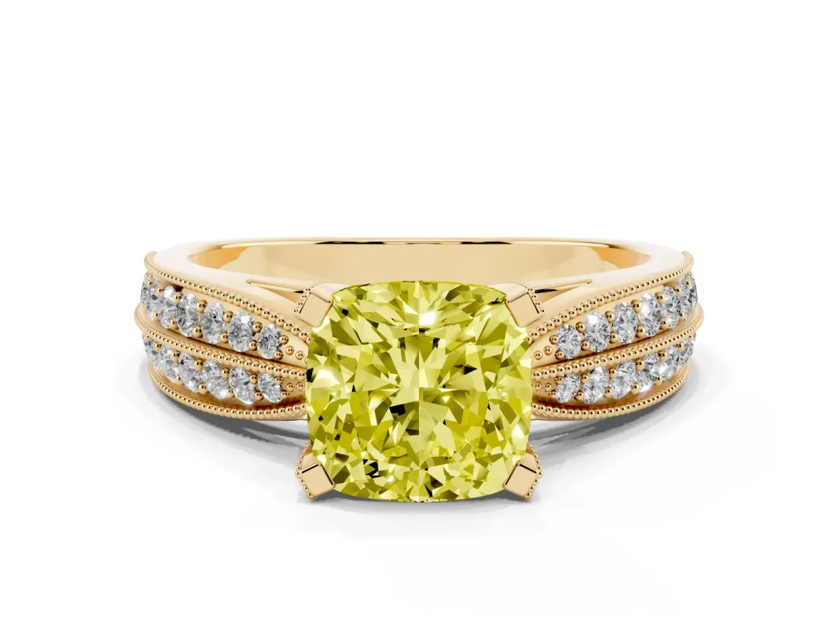 Fancy Yellow Cushion Cut Diamond Solitaire Ring with Milgrain Round Pavé Band and Prong Setting Yellow gold