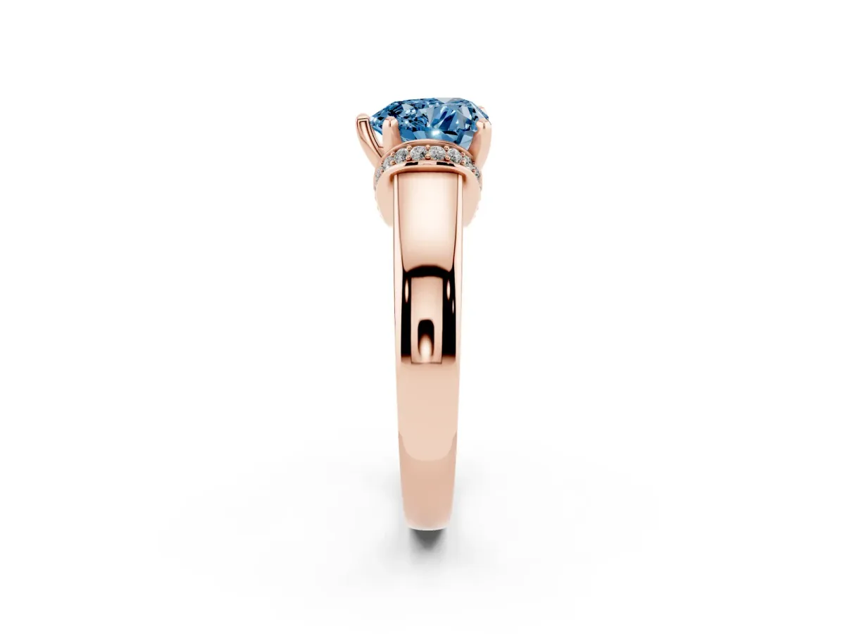 Fancy Blue Heart Cut Solitaire Diamond Ring with Pave Band and Six-Prong Setting Rose gold