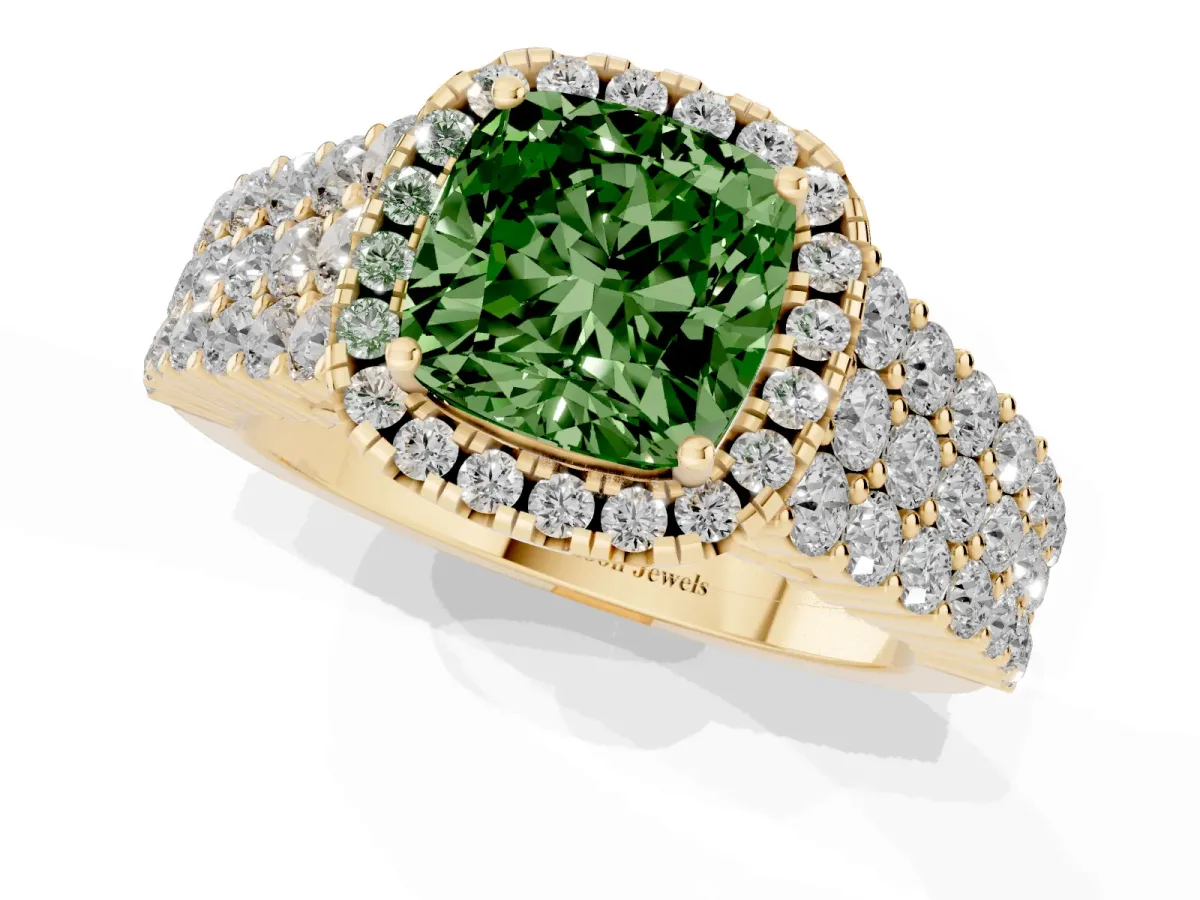 Fancy Green Cushion Cut Diamond Halo Engagement Ring with Triple Row Round Pavé Band and Prong Setting Yellow gold