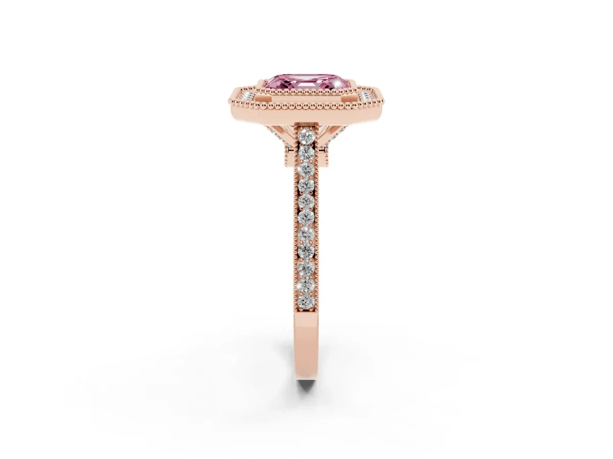 Fancy Pink Asscher Cut Diamond Halo Ring with Milgrain Frame and Pavé Band Rose gold