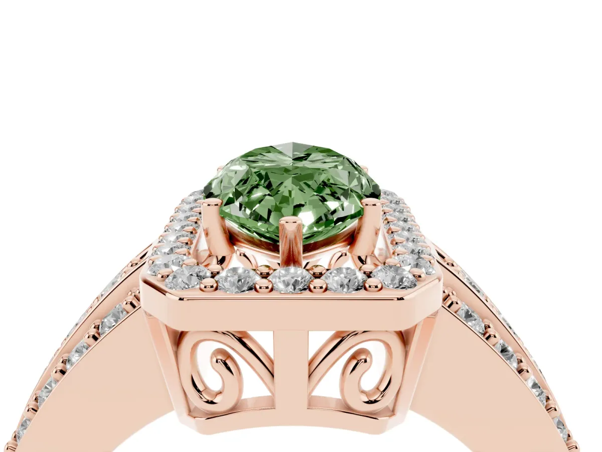 Fancy Green Marquise Cut Halo Diamond Ring with Round Split Shank and Prong Setting Rose gold