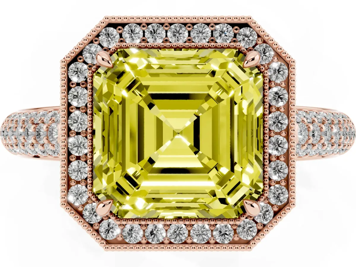 Fancy Yellow Asscher Cut Cut Halo Diamond Pave Band with Four-Prong Setting Rose gold