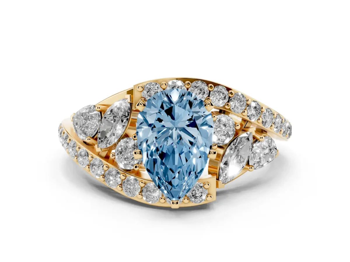 Fancy Blue Pear Cut Diamond Halo Ring with Marquise and Pavé Band in Prong Setting Yellow gold