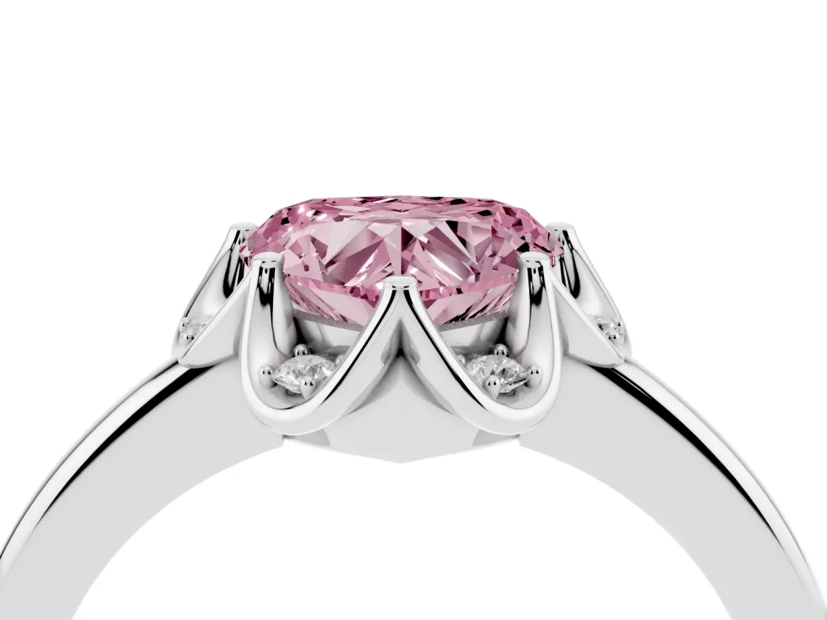 Fancy Pink Heart Cut Halo Diamond Ring with Round Cluster Setting, Solitaire Band, and Four-Prong Setting Silver