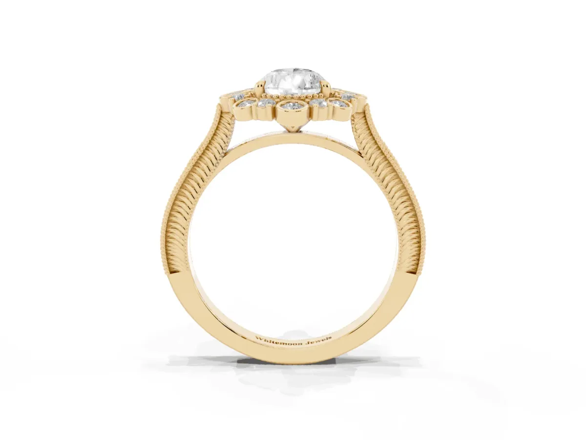 Pear Cut Halo Milgrain Pave Diamond Ring with Four-Prong Setting Yellow gold