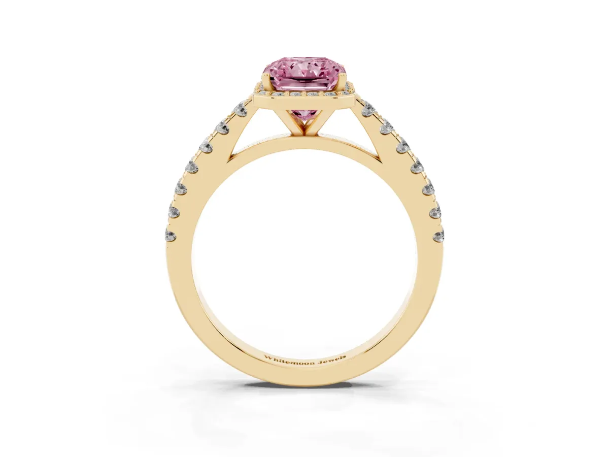Fancy Pink Radiant Cut Cut Halo Diamond Engagement Ring with Pave Band and Four-Prong Setting Yellow gold