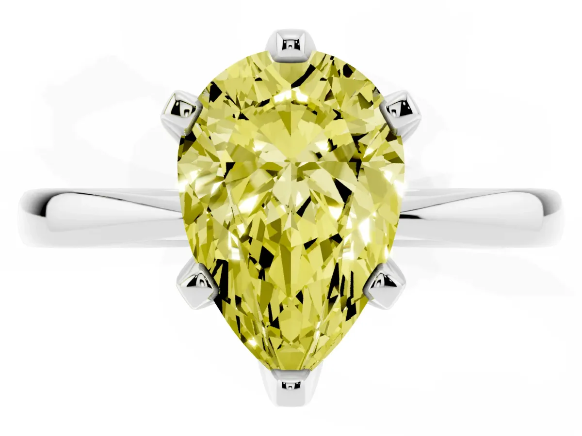 Fancy Yellow Pear Cut Solitaire Engagement Ring with Six-Prong Setting and Tapered Band Silver