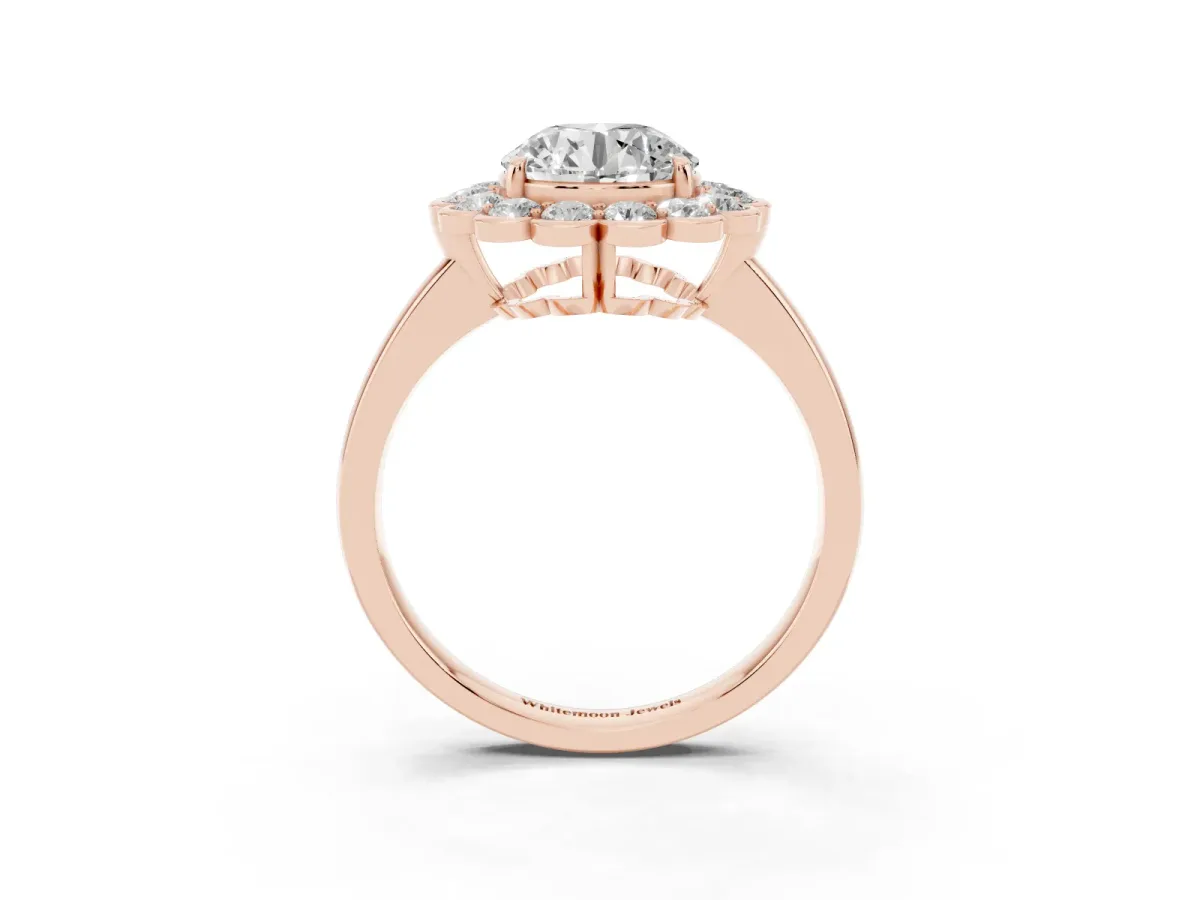 Round Cut Halo Cluster Diamond Engagement Ring with Solitaire Band and Prong Setting Rose gold