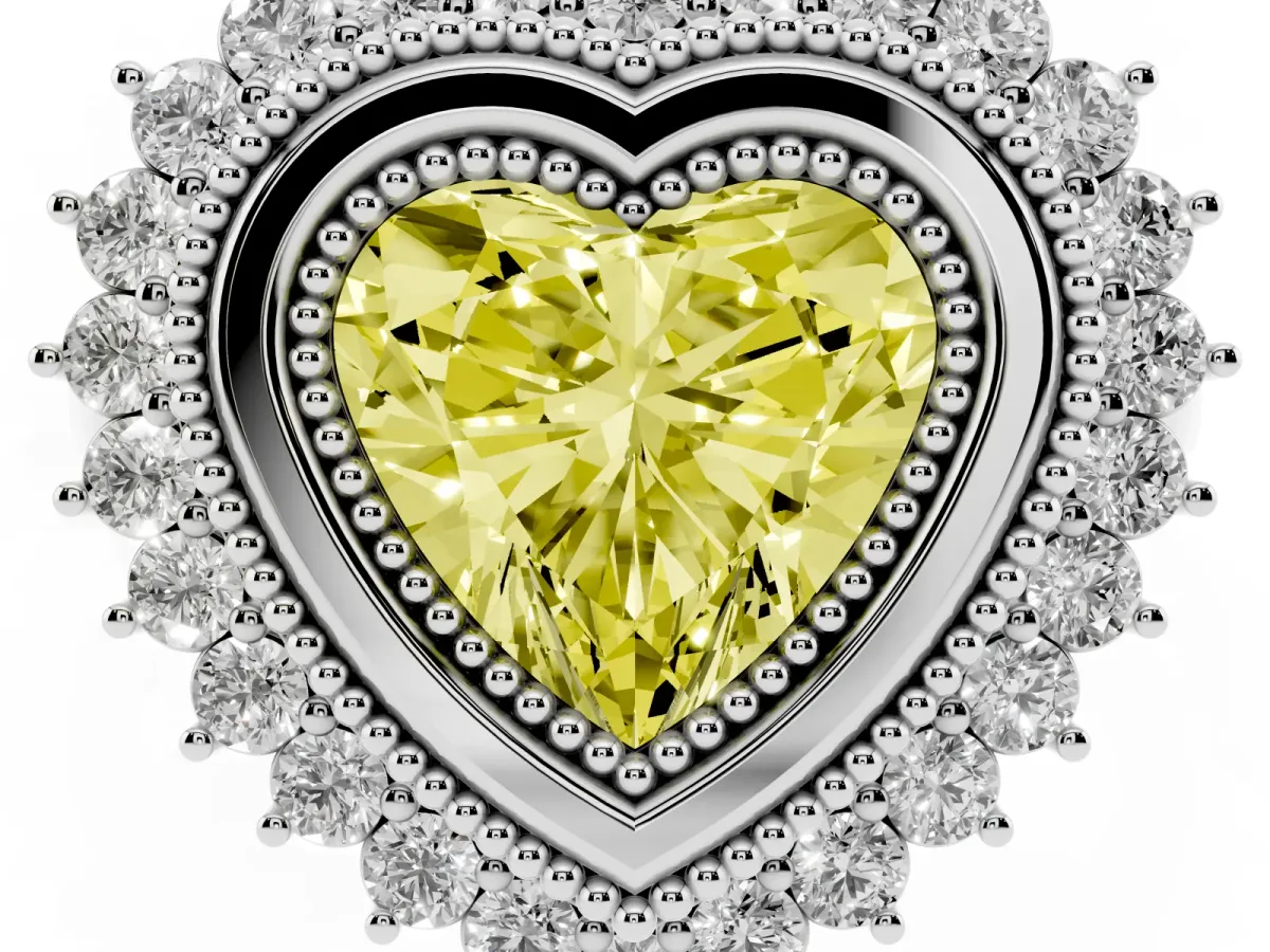 Fancy Yellow Heart Cut Halo Diamond Ring with Milgrain Edge and Round Prong Setting Silver