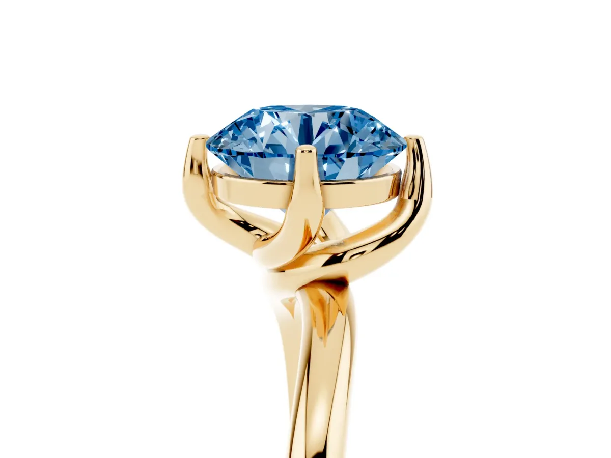 Fancy Blue Round Cut Diamond Solitaire Engagement Ring with Four-Prong Setting and Classic Band Yellow gold