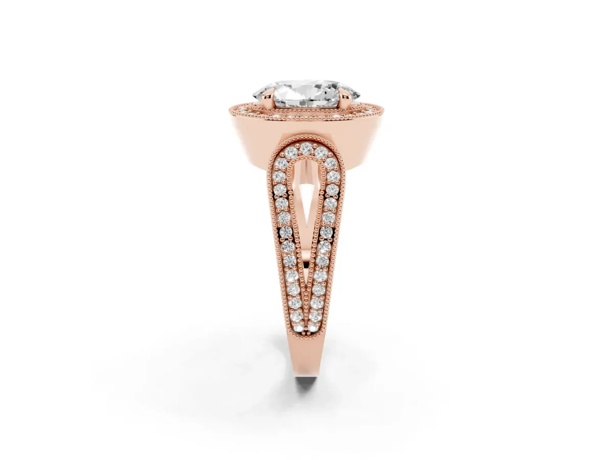 Oval Cut Halo Split Shank Milgrain Diamond Ring Rose gold