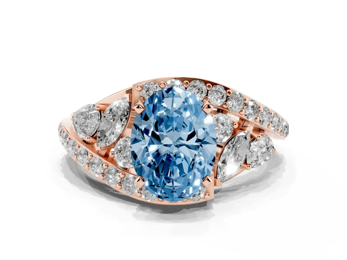 Fancy Blue Oval Cut Diamond Halo Ring with Marquise and Pavé Band in Prong Setting Rose gold