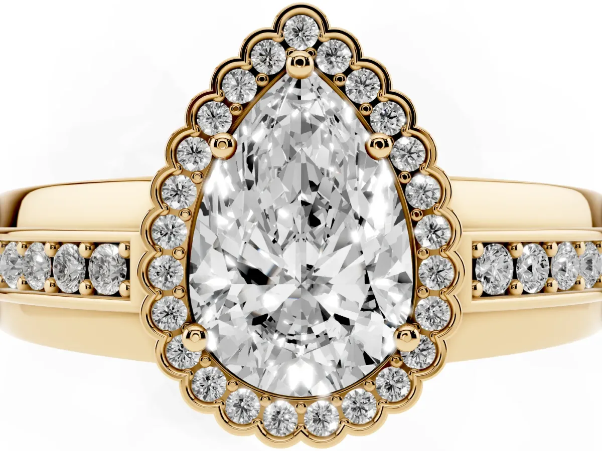 Pear Cut Cut Halo Pave Band Four-Prong Ring Yellow gold