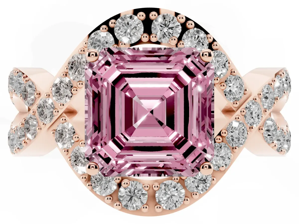 Fancy Pink Asscher Cut Solitaire Twist Band Pavé Diamond Engagement Ring Rose gold
