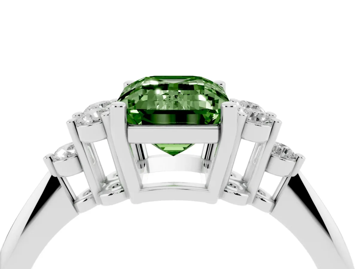 Fancy Green Emerald Cut Cut Diamond Cluster Ring with Solitaire Band and Four-Prong Setting Platinum