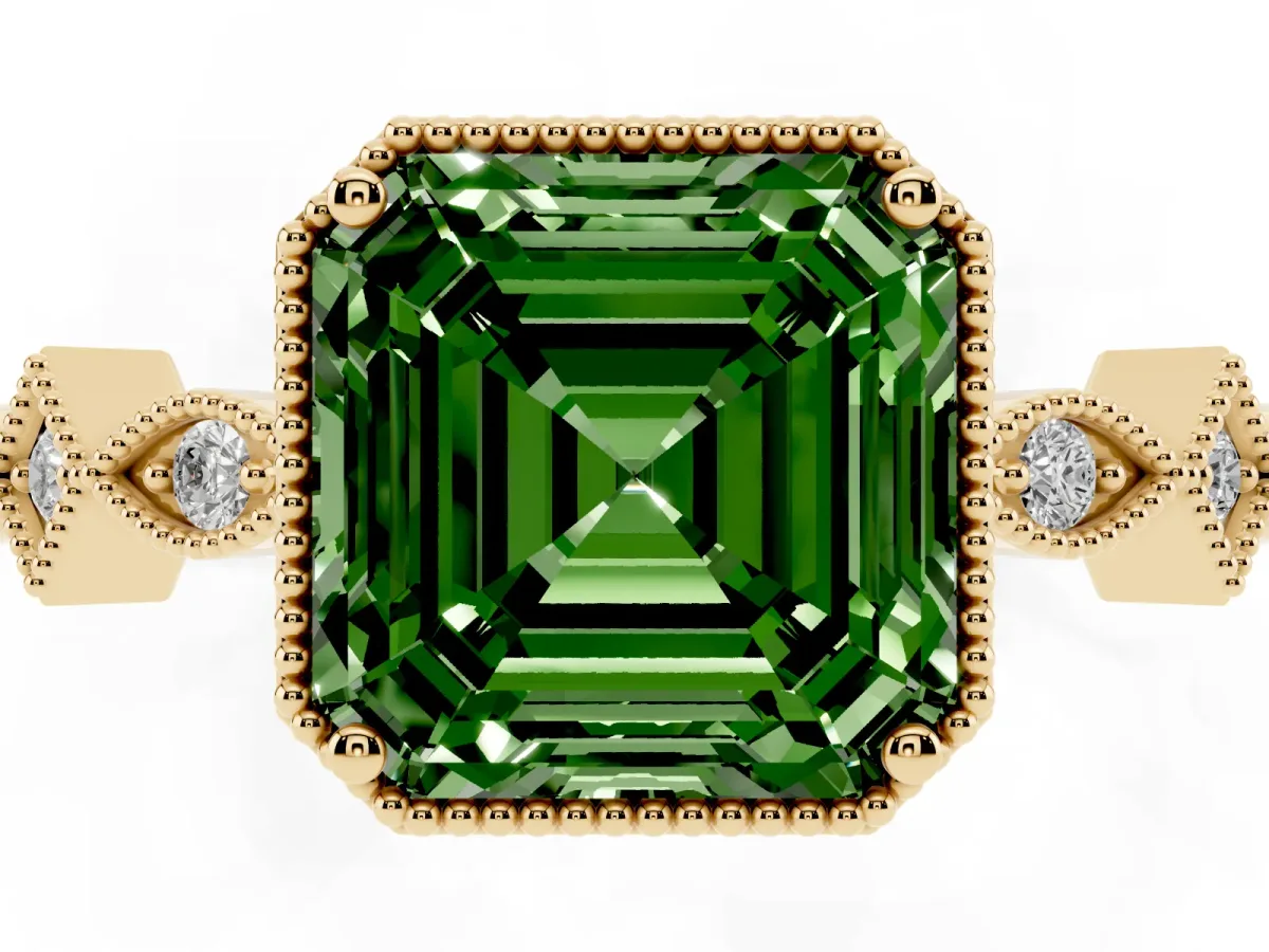 Fancy Green Asscher Cut Milgrain Marquise Diamond Twist Band Ring Yellow gold