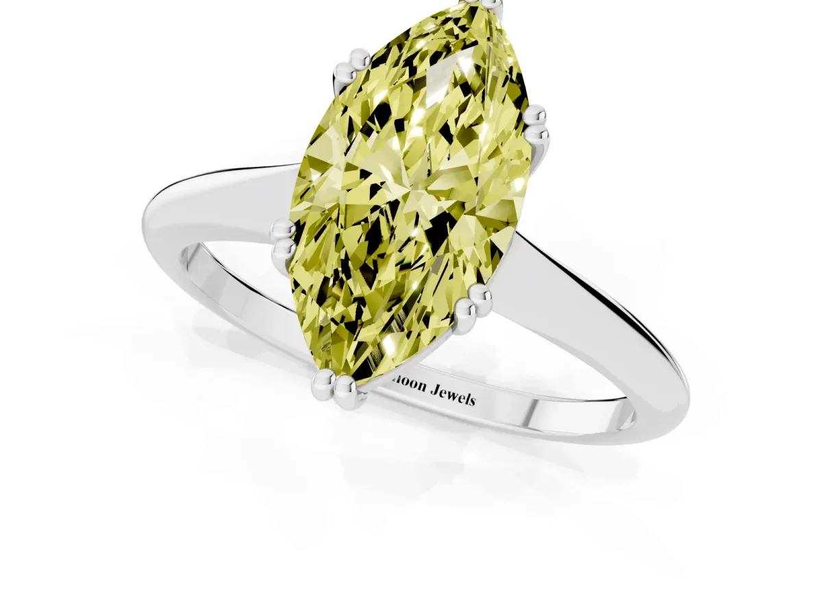 Fancy Yellow Marquise Cut Solitaire Diamond Ring with Six-Prong Setting and Classic Band Platinum