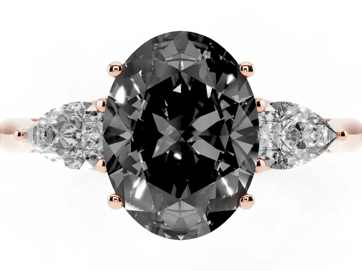 Fancy Black Oval Cut Diamond Three-Stone Ring with Pear Side Stones and Prong Setting Rose gold