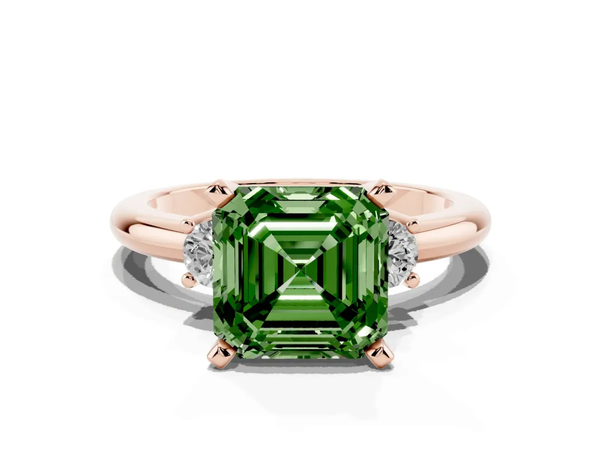 Fancy Green Three-Stone Asscher Cut Cut Diamond Solitaire with Prong Setting and Classic Band Rose gold