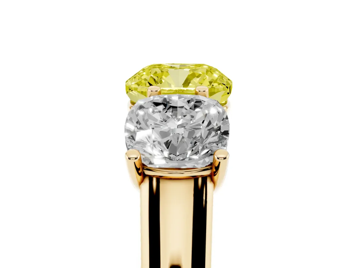 Fancy Yellow Cushion Cut Three-Stone Diamond Ring with Prong Setting on a Classic Band Yellow gold