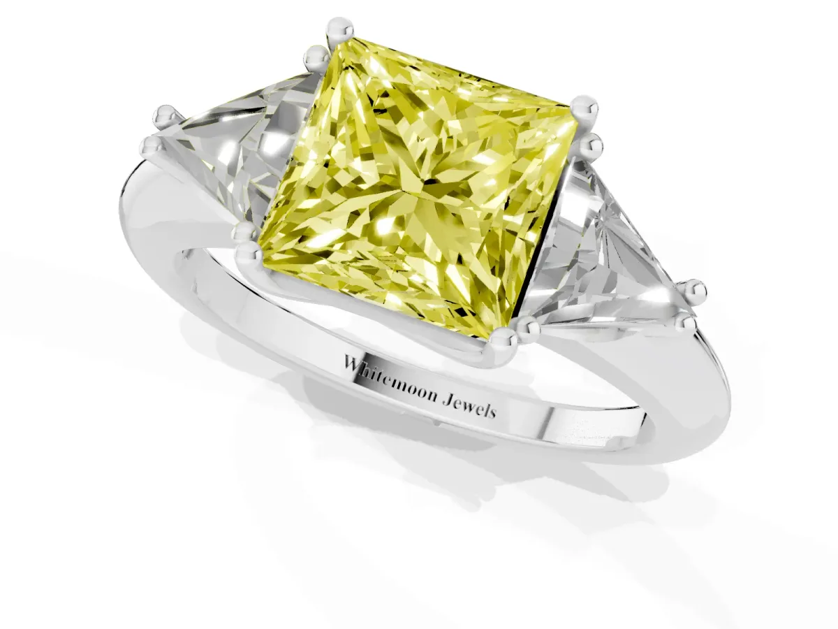 Fancy Yellow Three-Stone Princess Cut Diamond Engagement Ring with Trillion Side Stones and Prong Setting Silver
