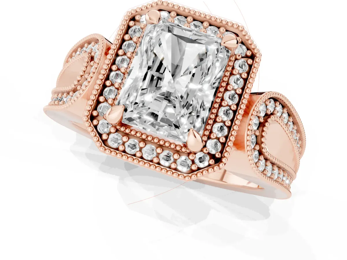 Radiant Cut Halo Split Shank Milgrain Diamond Ring Rose gold