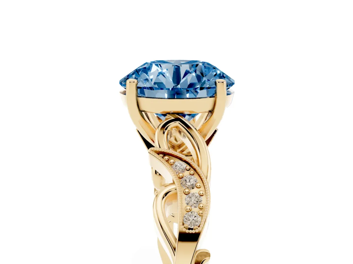 Fancy Blue Round Cut Solitaire Vine Band with Milgrain Prong Setting Yellow gold