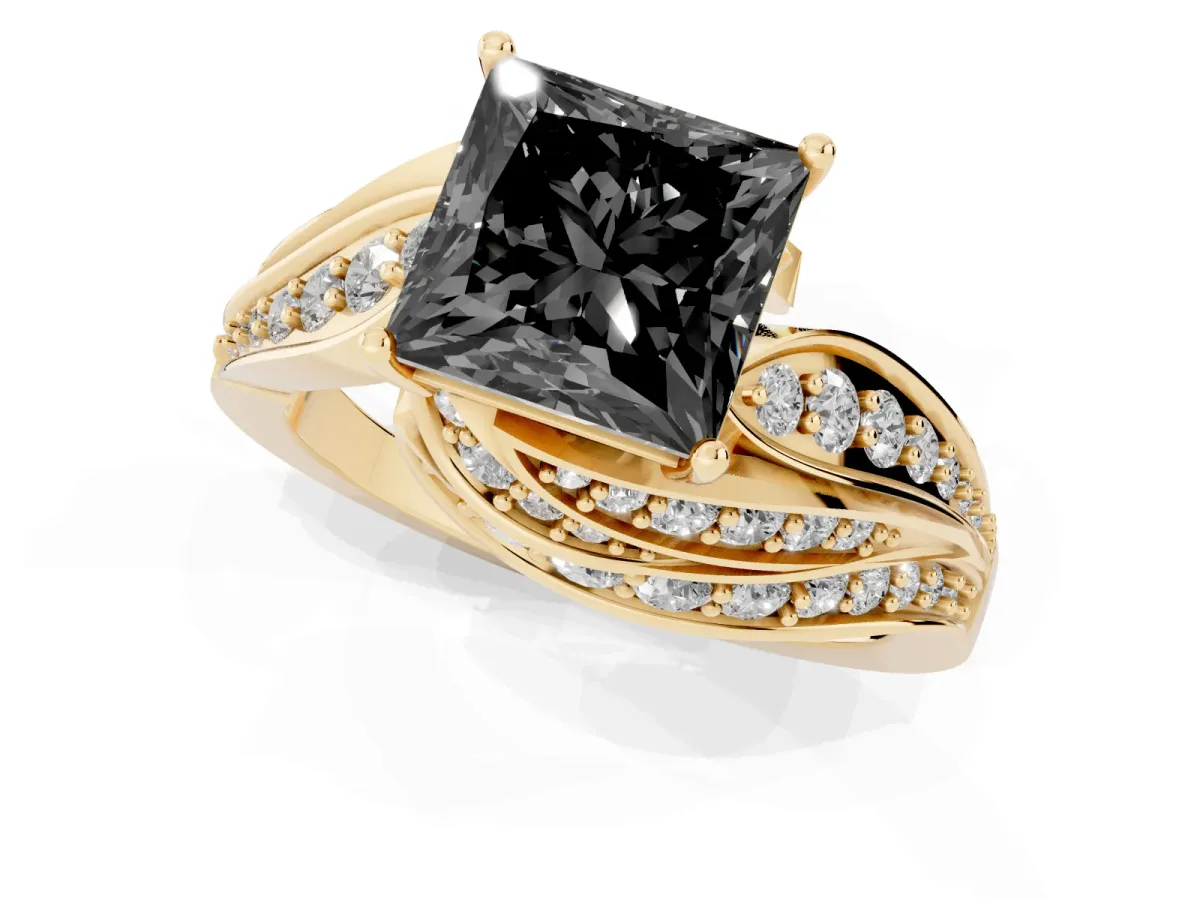 Fancy Black Princess Cut Diamond Solitaire Ring with Prong Setting and Twisted Pavé Band Yellow gold