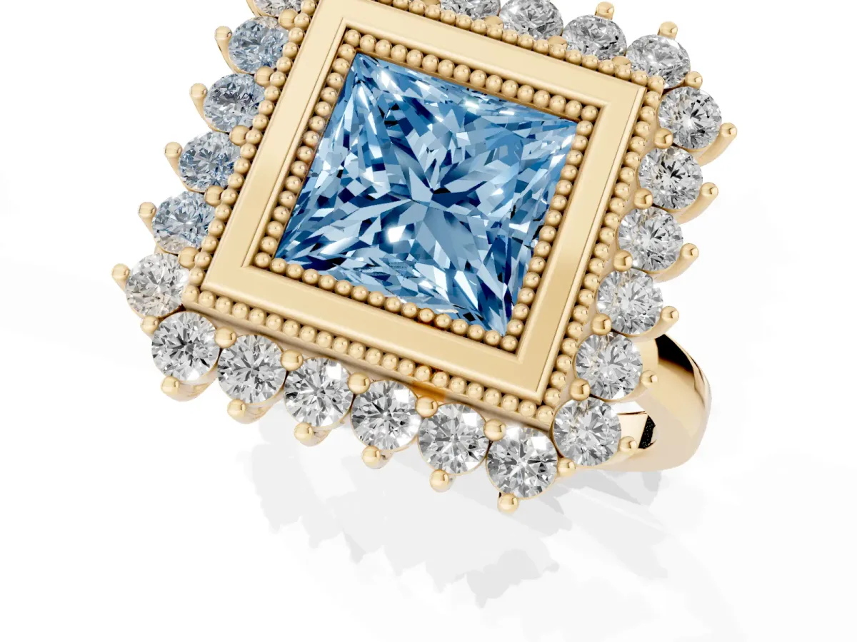 Fancy Blue Princess Cut Halo Diamond Ring with Milgrain Edge and Round Prong Setting Yellow gold