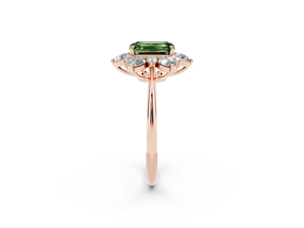 Fancy Green Emerald Cut Diamond Cluster Halo Ring with Solitaire Band and Four-Prong Setting Rose gold