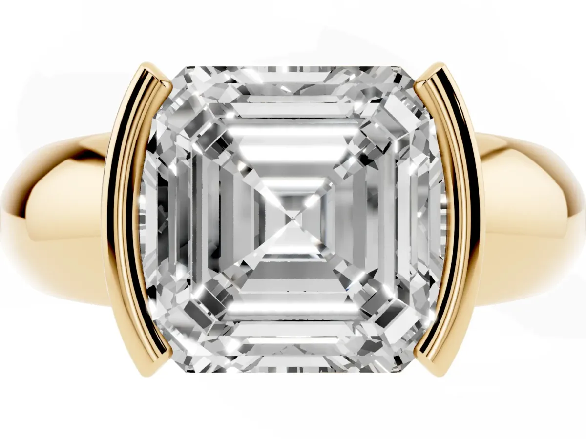 Asscher Cut Solitaire Tension Set Diamond Ring with Wide Band Yellow gold