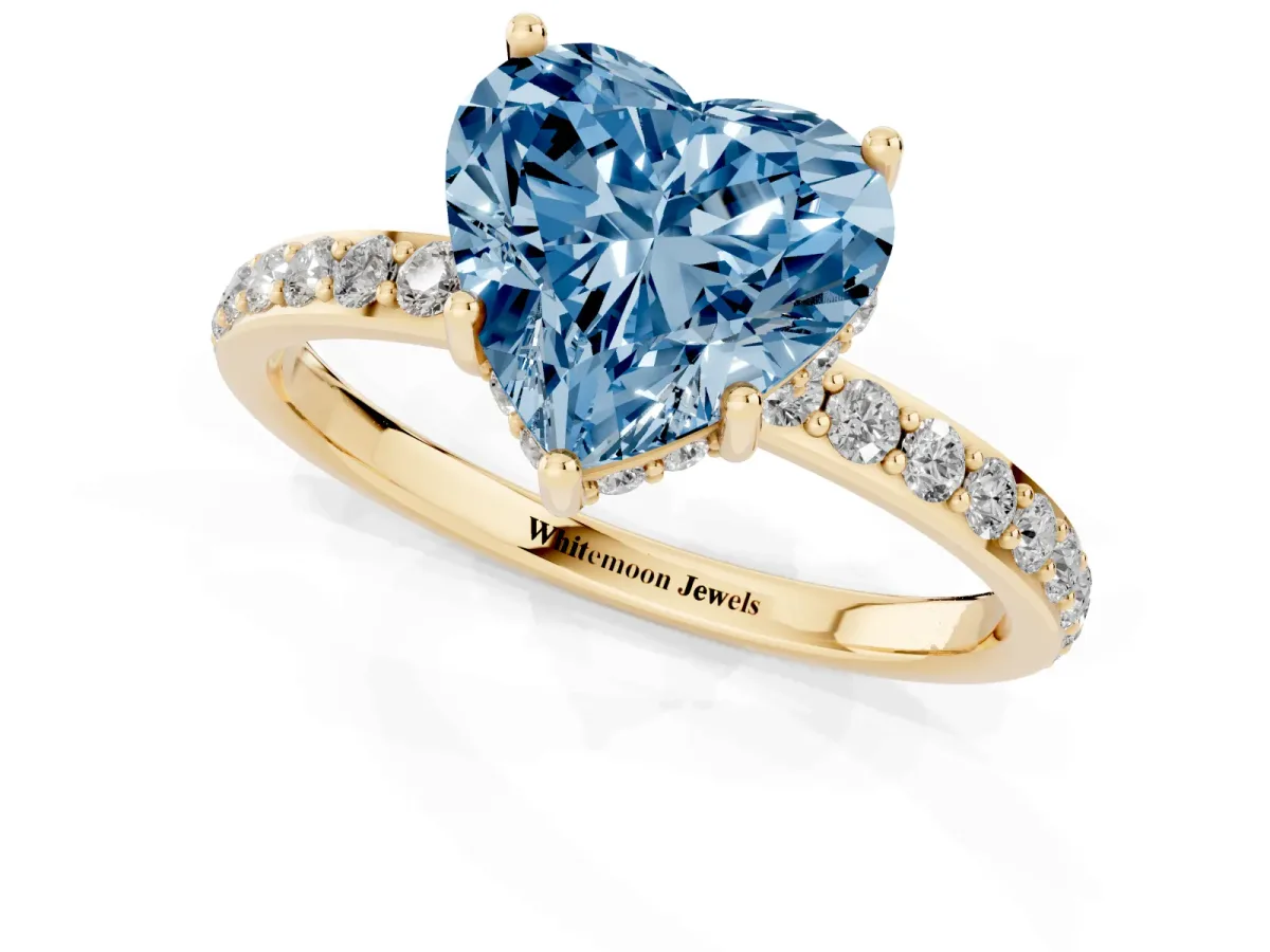 Fancy Blue Heart Cut Diamond Solitaire Ring with Pavé Band and Hidden Halo Yellow gold