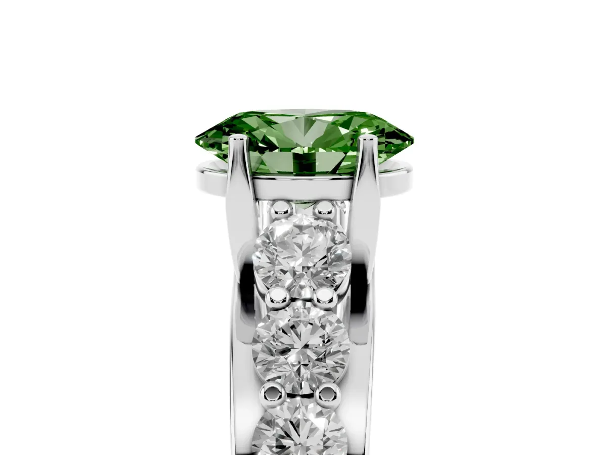 Fancy Green Oval Cut Diamond Engagement Ring with Pavé Band and Four-Prong Setting White gold